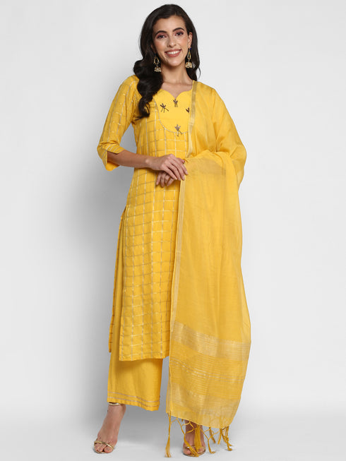 Women Yellow Straight Chanderi Silk Kurta with Palazzos & Dupatta