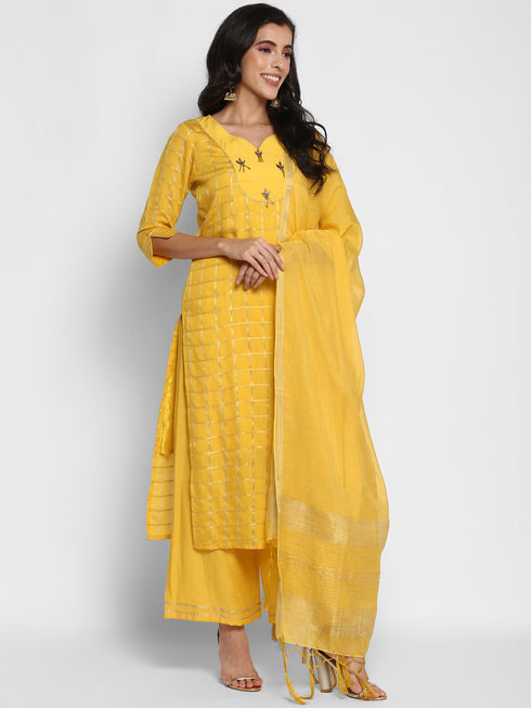 Women Yellow Straight Chanderi Silk Kurta with Palazzos & Dupatta