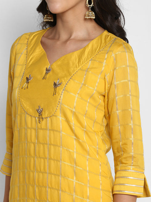 Women Yellow Straight Chanderi Silk Kurta with Palazzos & Dupatta