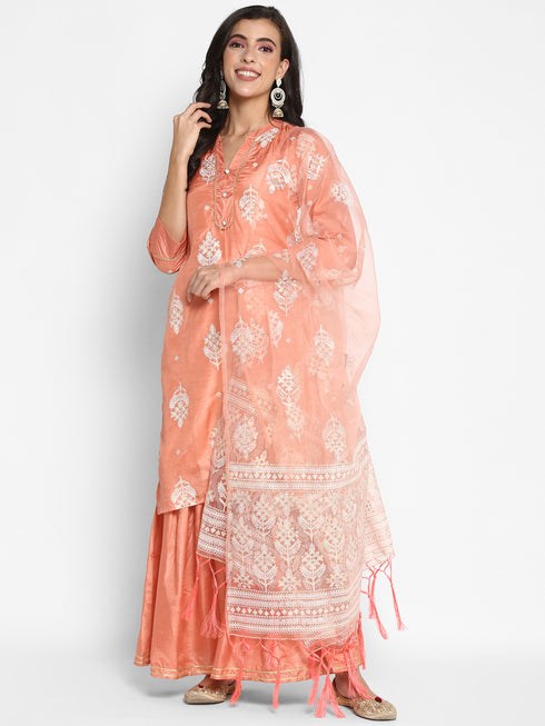Printed Peach Silk Straight Kurta Suit Set