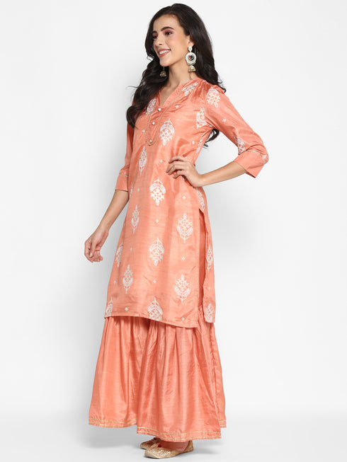 Printed Peach Silk Straight Kurta Suit Set