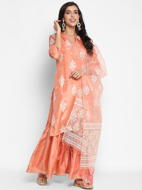 Printed Peach Silk Straight Kurta Suit Set