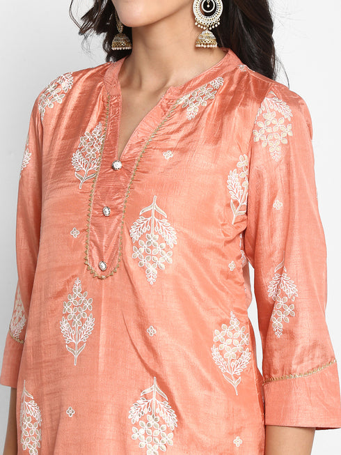 Printed Peach Silk Straight Kurta Suit Set