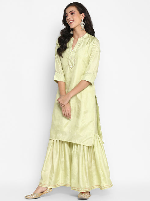 Printed Parrot Silk Straight Kurta Suit Set