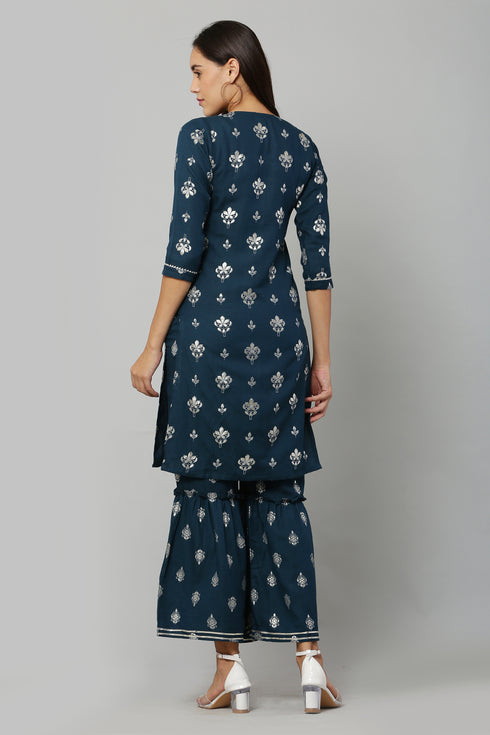 Peacock Rayon Printed Straight Kurta Suit Set