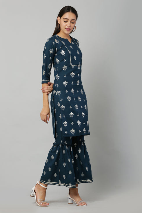 Peacock Rayon Printed Straight Kurta Suit Set