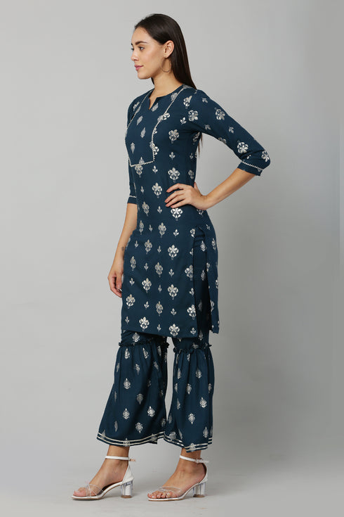 Peacock Rayon Printed Straight Kurta Suit Set