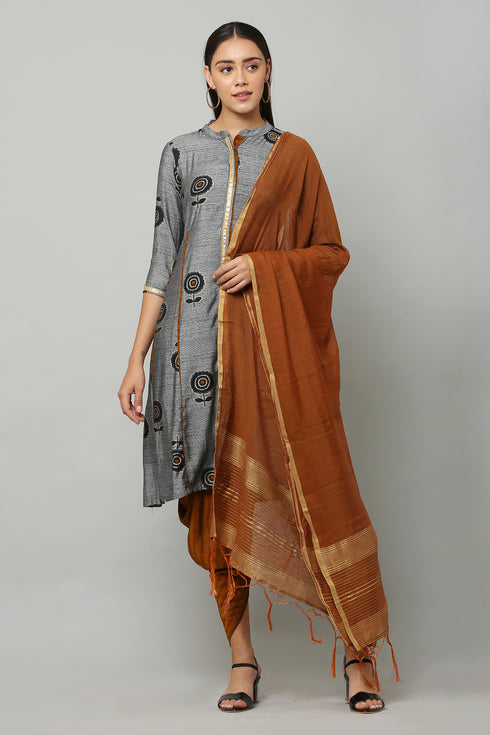 Muslin Printed Straight Mustard Kurta Set with dupatta