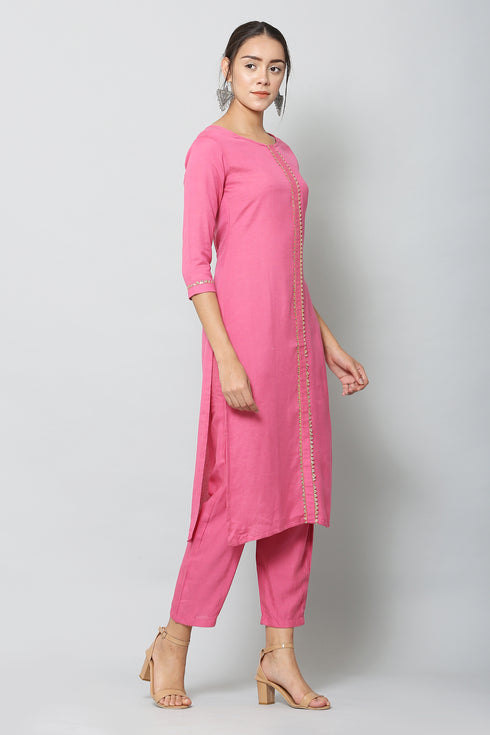 Vaaba Rayon Blend Kurta Set With Dupatta - Pink