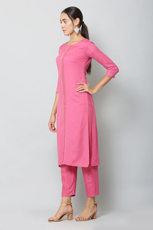 Vaaba Rayon Blend Kurta Set With Dupatta - Pink