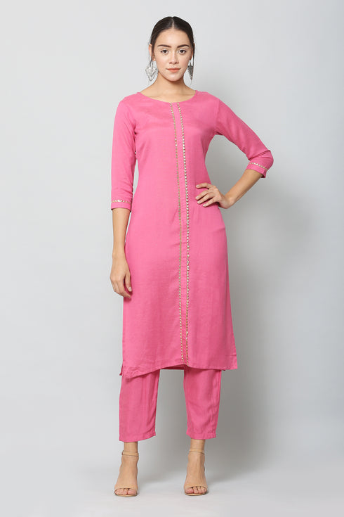 Vaaba Rayon Blend Kurta Set With Dupatta - Pink