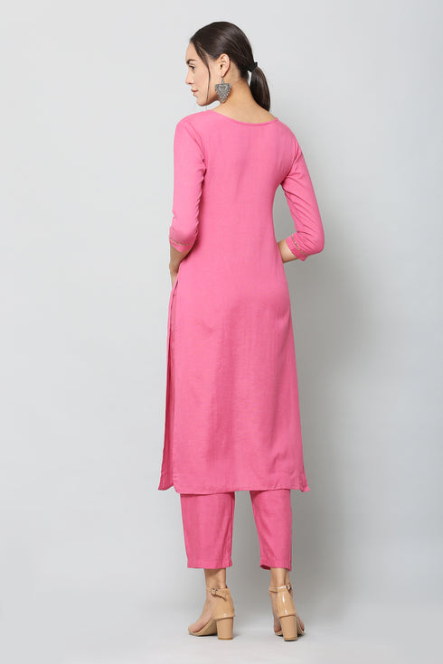 Vaaba Rayon Blend Kurta Set With Dupatta - Pink