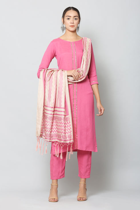 Vaaba Rayon Blend Kurta Set With Dupatta - Pink