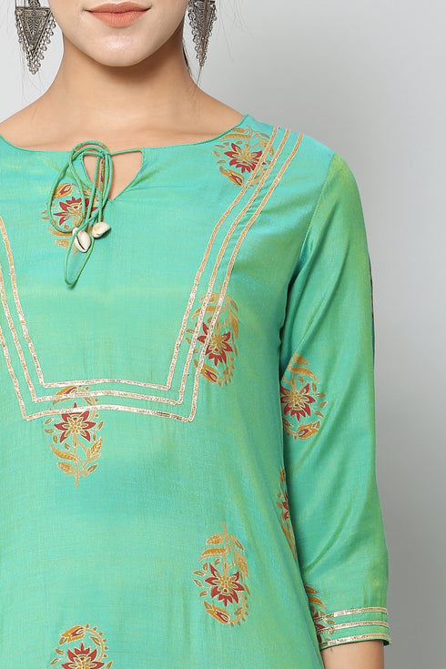 Women Kurta and Palazzo Set Muslin (Green)