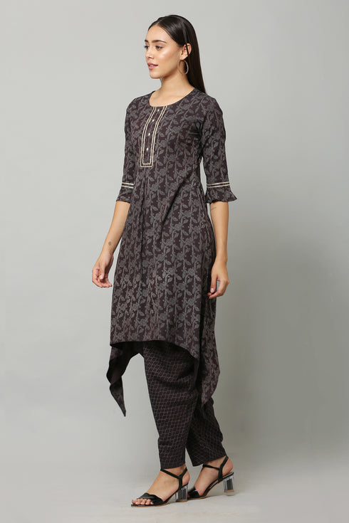 Wine Rayon Flared Printed Kurta Suit Set