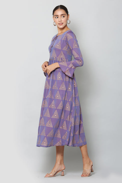 Women Geometric Print Muslin Flared Kurta (Purple)