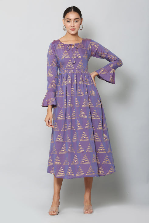 Women Geometric Print Muslin Flared Kurta (Purple)