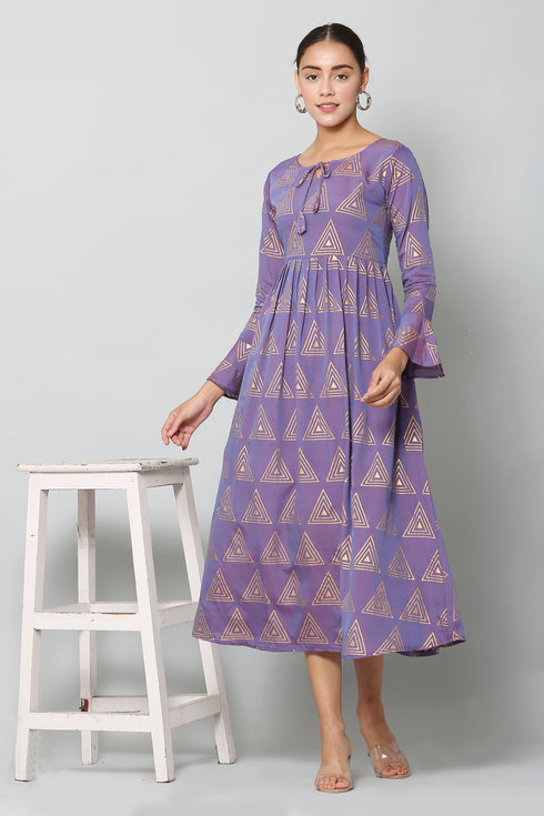 Women Geometric Print Muslin Flared Kurta (Purple)