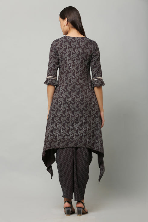 Wine Rayon Flared Printed Kurta Suit Set