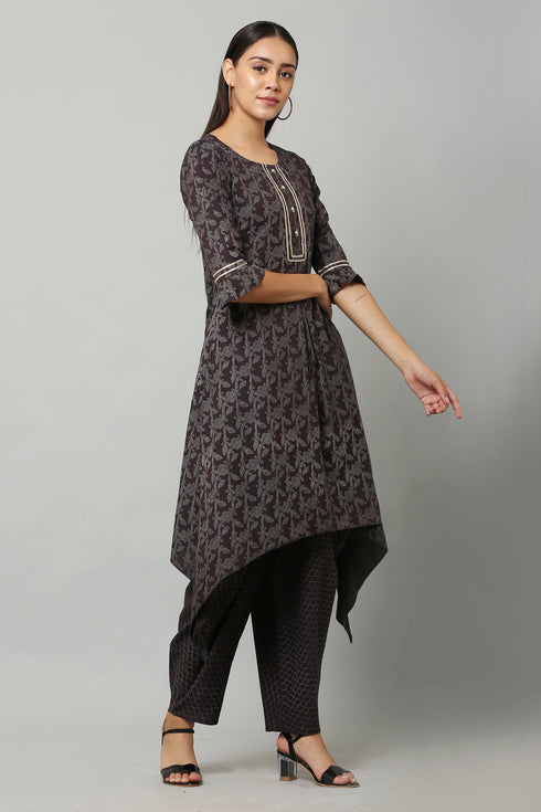 Wine Rayon Flared Printed Kurta Suit Set