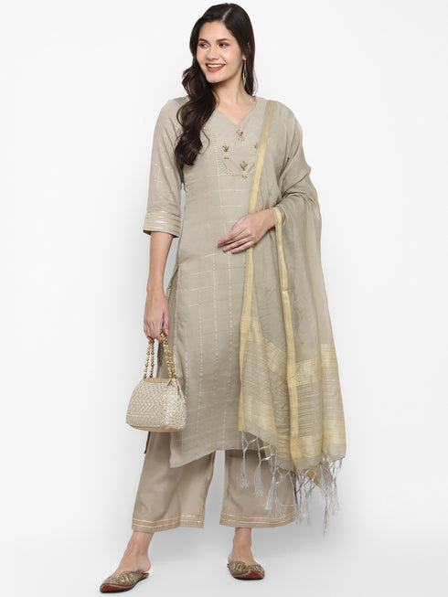 Women Grey Straight Chanderi Silk Kurta with Palazzos & Dupatta