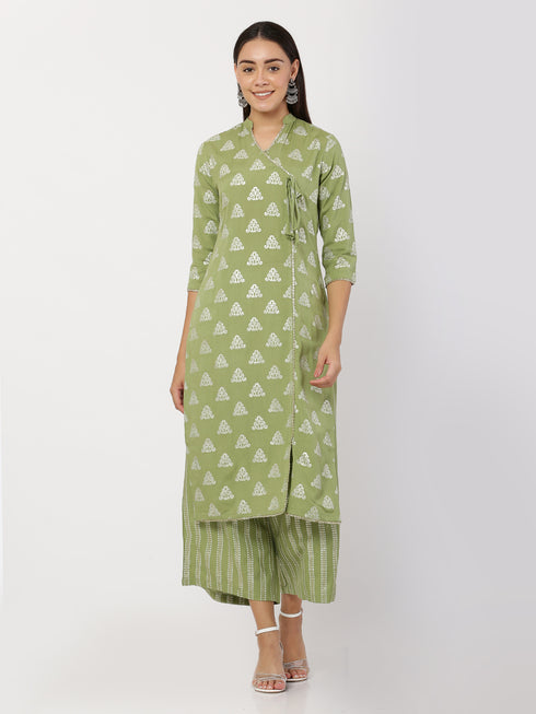Green Rayon V-Neck Straight Printed Kurta Suit Set