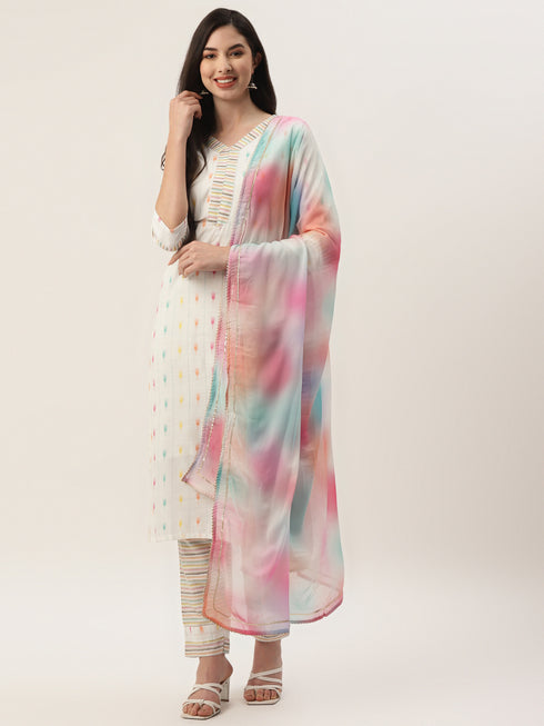 Women's Cotton Blend Self Design Straight Kurta Suit Set