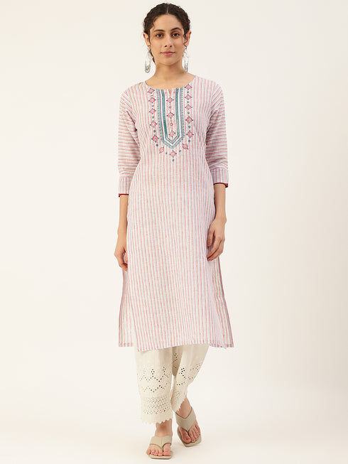 White Embroidered Cotton Checked Straight Kurta