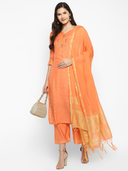 Orange Straight Chanderi Silk Kurta Suit Set
