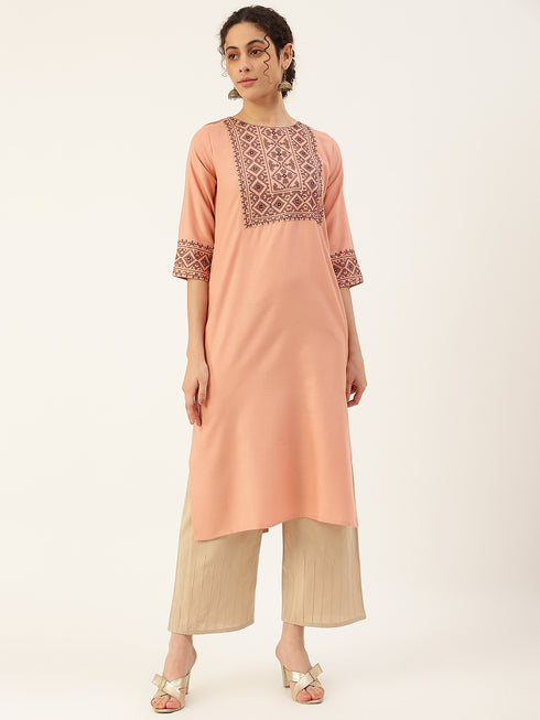 Embroidery Cotton Aari Work Straight Side Slit Kurta