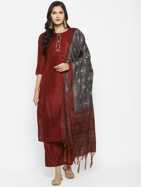 Women Maroon Gotta Patti Kurta with Palazzos & With Dupatta