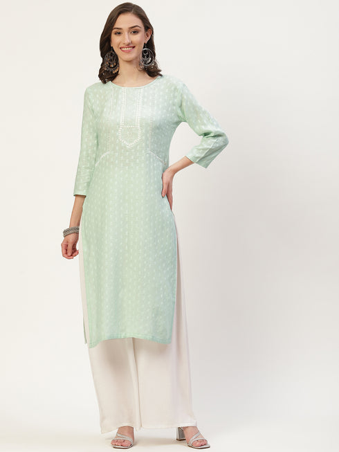 Women Embroidered Cotton Blend Straight Kurta (Light Green)