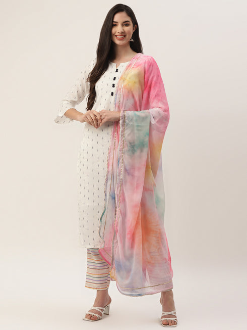 Women's Cotton Blend Self Design Straight Kurta Suit Set
