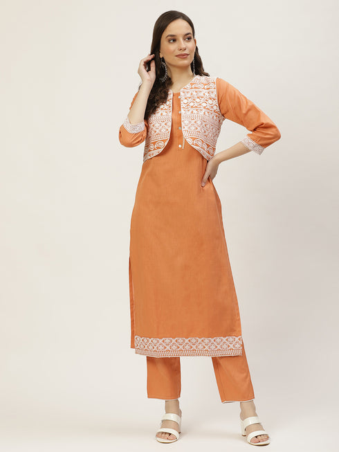 Embroidery Orange Kurta set with Koti