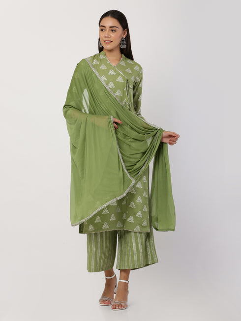 Green Rayon V-Neck Straight Printed Kurta Suit Set