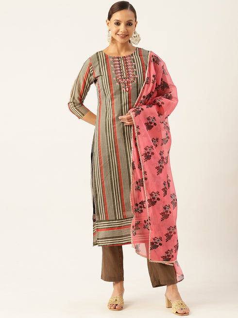 Grey Striped Chanderi Silk Kurta Suit Set
