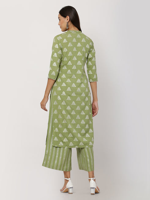 Green Rayon V-Neck Straight Printed Kurta Suit Set