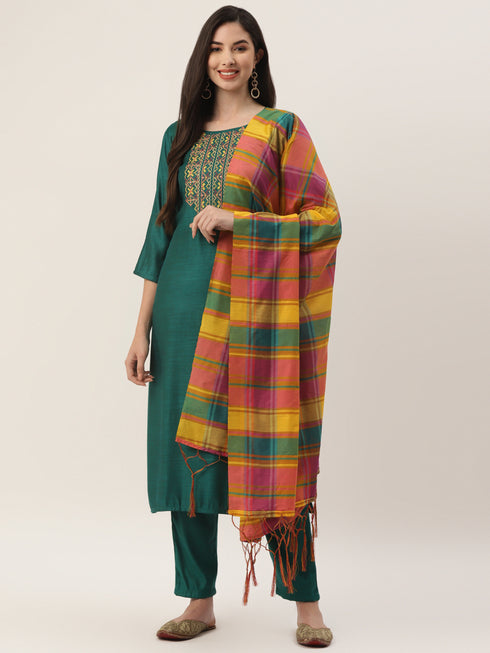 Green Rayon Straight Embroidered Kurta Pant Set