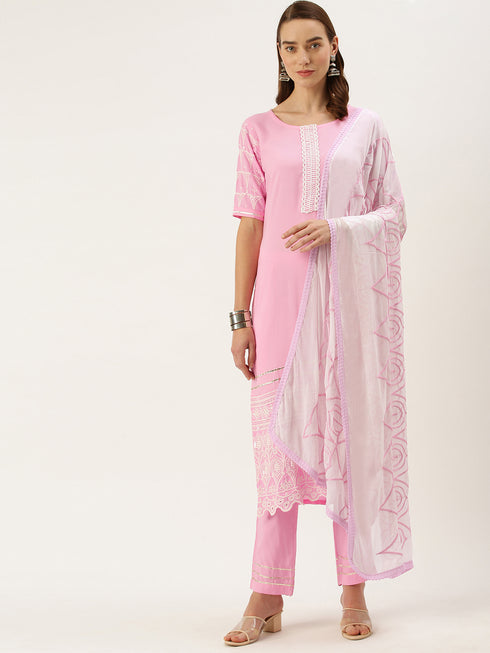 Embroidery Straight Pink Kurta, Pant with dupatta set