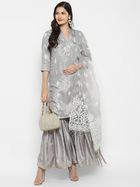 Printed Grey Silk Straight Kurta Suit Set