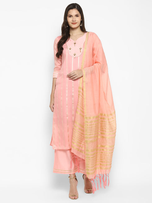 Women Pink Straight Chanderi Silk Kurta with Palazzos & Dupatta