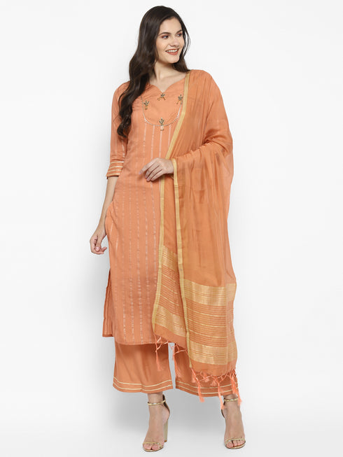Peach Straight Chanderi Silk Kurta Suit Set