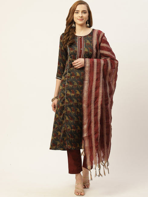 Dark Grey Satin Straight Printed Kurta Suit Set