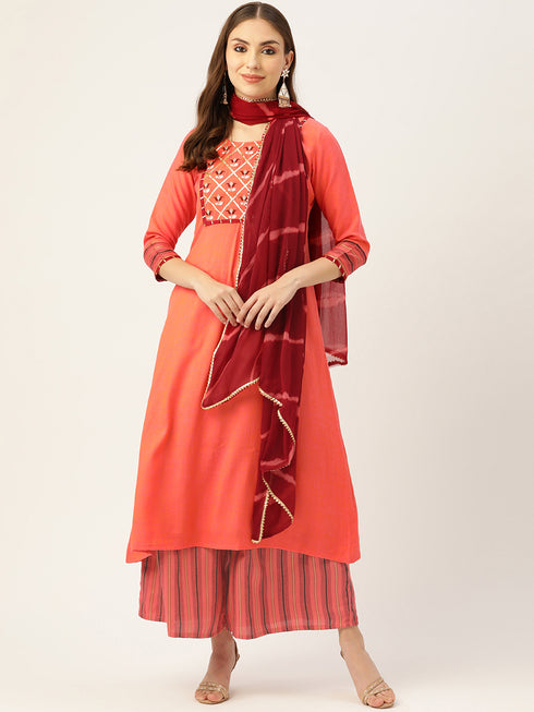 Embroidery Kurta and Palazzo Set Rayon (Orange)
