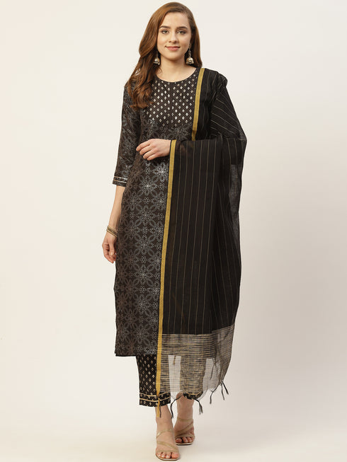 Black Crepe Silk Gold Printed Straight Kurta Suit Set