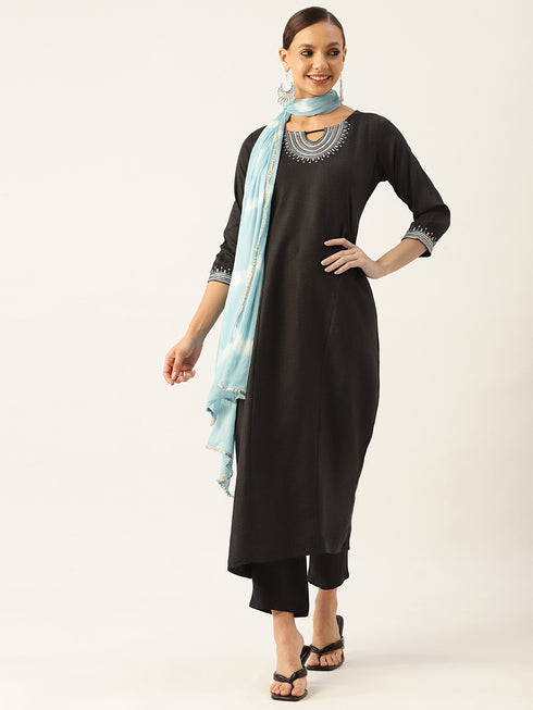 Black Silk Embroidered Sequined Straight Kurta Suit Set