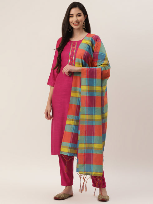 Pink Rayon Straight Embroidered Kurta Pant Set