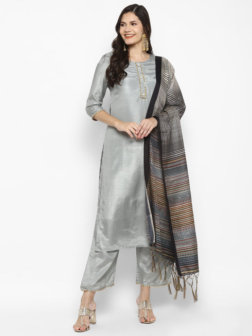 Women Grey Gotta Patti Kurta with Palazzos & With Dupatta