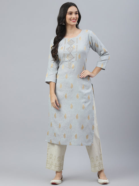 Embroidered Cotton Straight Kurta (Grey)