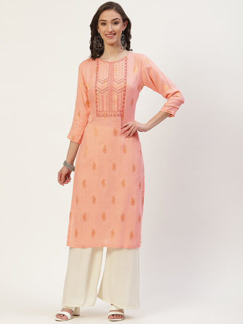 Women Embroidered Cotton Blend Straight Kurta (Orange)